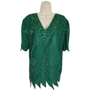 Tan Chho Womens Green Sequin Beaded Silk‎ Blouse V Neck Peter Pan Hem Size M